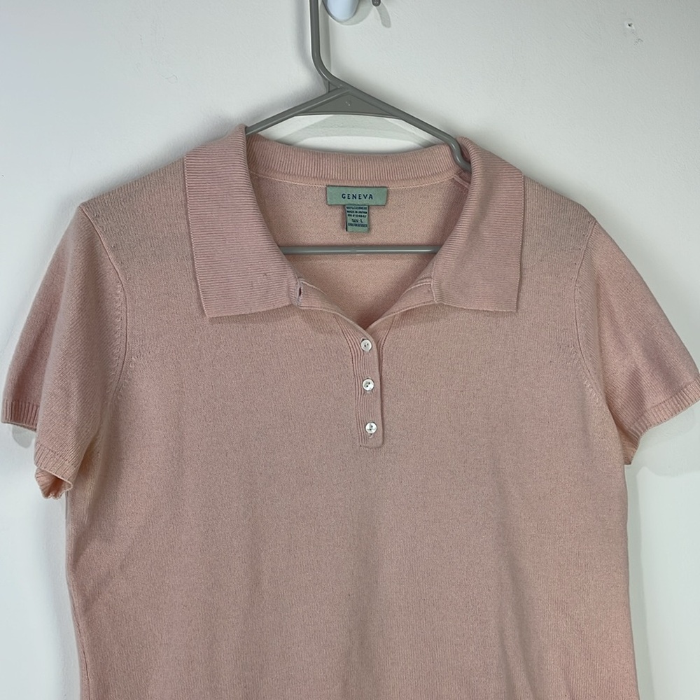GENEVA 100% Cashmere Sweater Short Sleeve Polo Sz L Light Pink - Picture 2 of 5